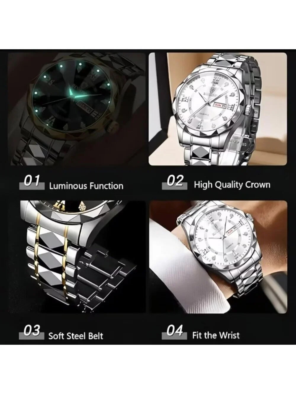 Unisex Silver White Analog Stainless Steel Roman Numeral Diamond Luxury Watch